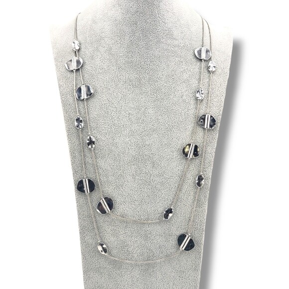 Silver Tone Modernist Brutalist Disc Satellite Double Strand Layered Necklace - Picture 1 of 7